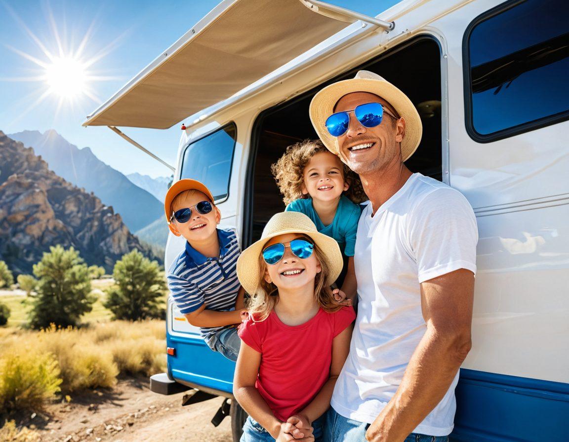 A cheerful family enjoying their RV adventure under a bright sun, showcasing various UV protection tips like sunscreen application, wearing hats, and UV-blocking sunglasses. In the background, a picturesque landscape of mountains and trees, with rays of sunshine filtering through the branches. The scene radiates warmth, joy, and safety. super-realistic. vibrant colors. bright blue sky.