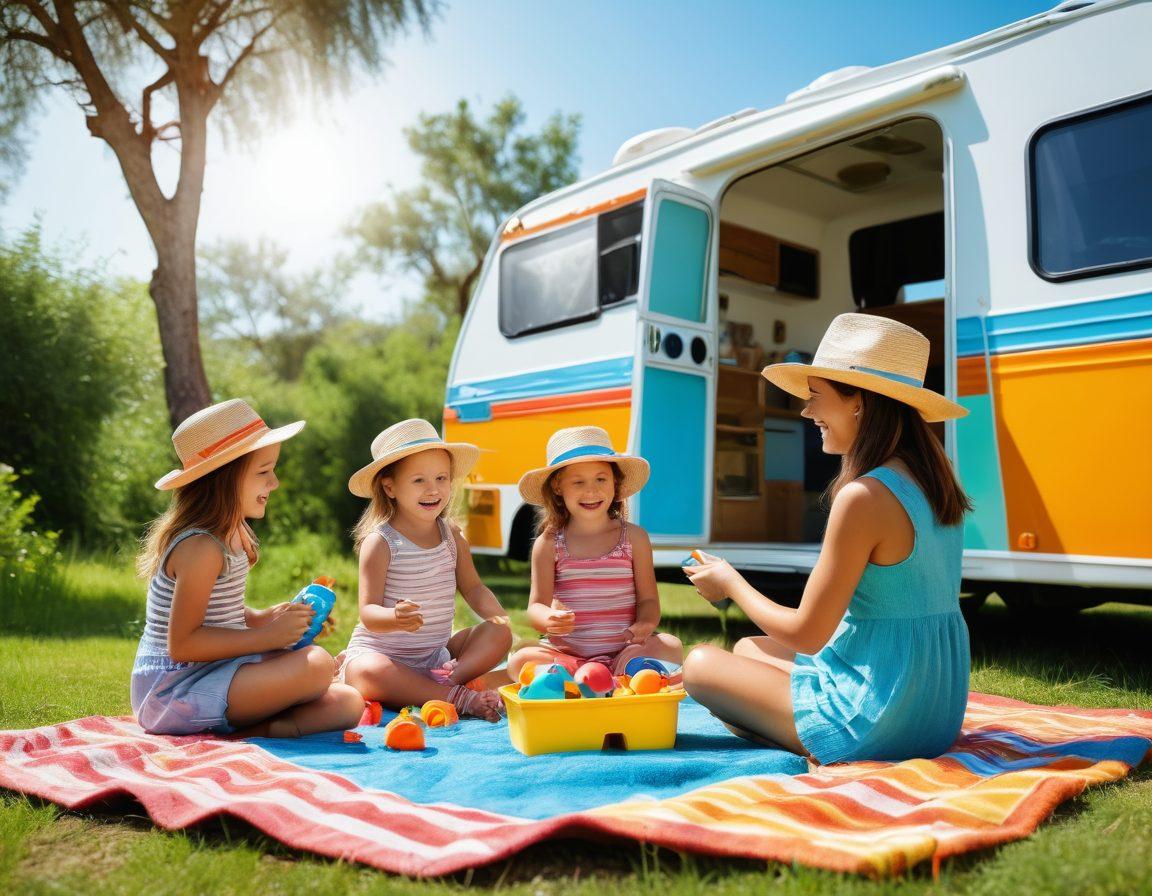 A family enjoying a sunny day outside their colorful RV, wearing broad-brimmed hats and applying sunscreen, surrounded by lush greenery and a clear blue sky. The scene captures playful moments of children with water toys, a picnic set on a vibrant blanket, and a sun-safe travel guide in hand. Emphasize the warmth of the sun, bright colors, and a sense of joy and safety. super-realistic. vibrant colors. 3D.