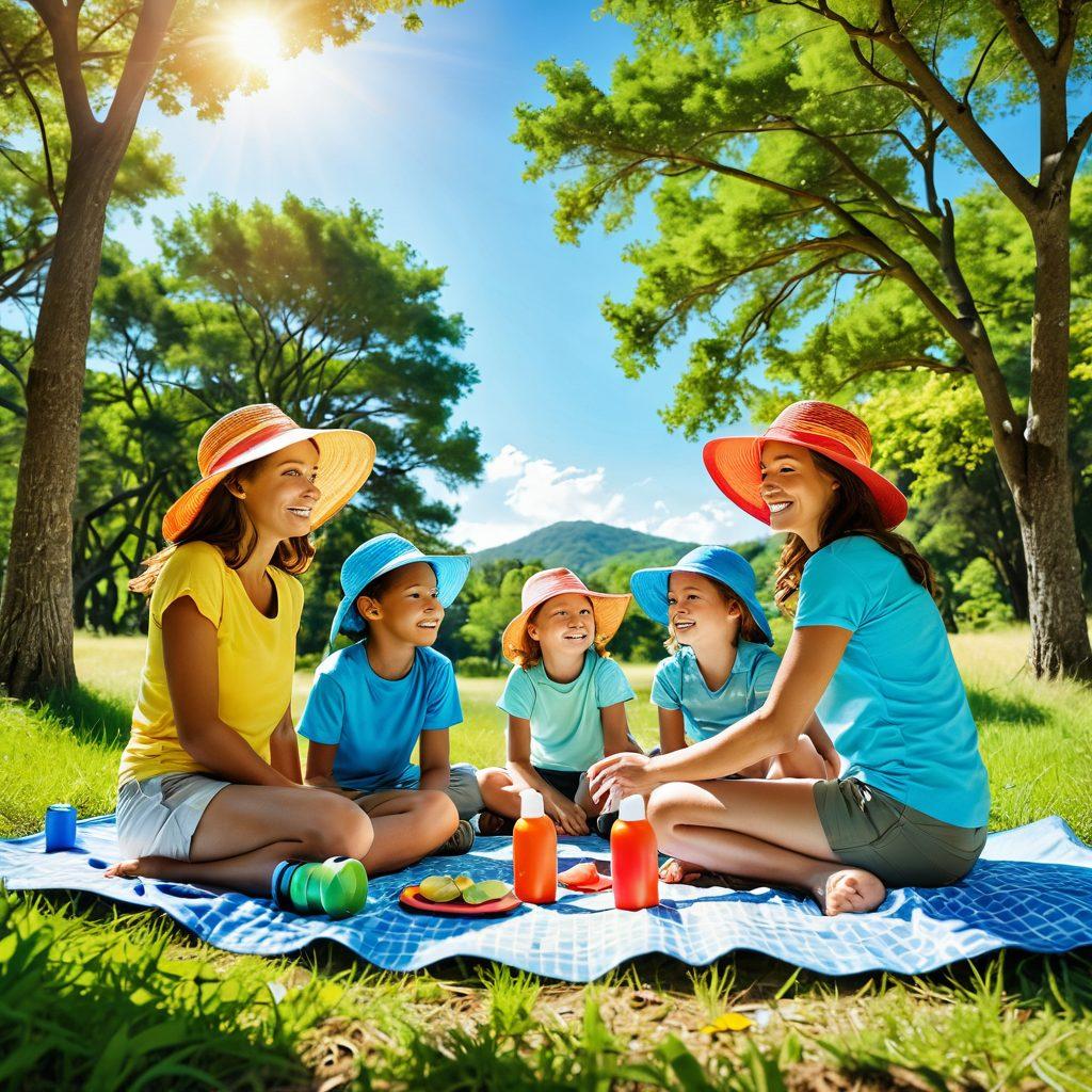 A vibrant scene of a family hiking on a sunny day, wearing colorful sun hats and sunscreen, surrounded by lush green trees and a bright blue sky. Include a picnic setup with a sun umbrella, water bottles, and a map spread out on the grass. Capture the joyful spirit of outdoor exploration and protection from the sun. vibrant colors. super-realistic.